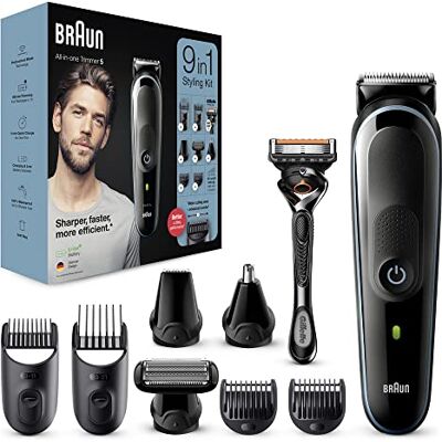 Braun 9-i-1 allt-i-ett-trimmer serie 5, manligt groomingkit med skäggtrimmer, hårklippare, öron- och nästrimmer och Gillette-rakhyvel, 7 tillbehör, gåvor för män, UK 2-stifts plugg, MGK5280, svart/blå Braun 9-i-1 allt-i-ett-trimmer serie 5, manligt groomingkit med skäggtrimmer, hårklippare, öron- och nästrimmer och Gillette-rakhyvel, 7 tillbehör, gåvor för män, UK 2-stifts plugg, MGK5280, svart/blå