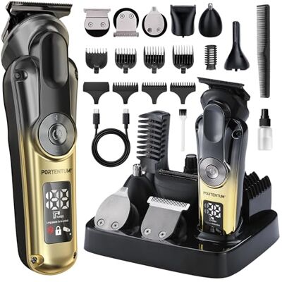 PORTENTUM Hårklippningsmaskin professionell – set med 21 – LED – skäggtrimmer män – trimmer för ansikte och kropp – skäggtrimmer – 6 tillbehör – 7 kamfästen – USB-C – kompakt förvaringsstation PORTENTUM Hårklippningsmaskin professionell – set med 21 – LED – skäggtrimmer män – trimmer för ansikte och kropp – skäggtrimmer – 6 tillbehör – 7 kamfästen – USB-C – kompakt förvaringsstation