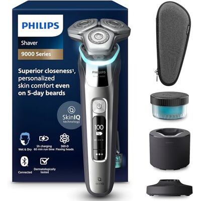 Philips Shaver Series 9000 – våt och torr elektrisk rakapparat för män, rakhyvel med lyft och skärning, SkinIQ-teknik, popup-skäggtrimmer, rengöringsbaddel, laddningsstativ och resefodral (modell Philips Shaver Series 9000 – våt och torr elektrisk rakapparat för män, rakhyvel med lyft och skärning, SkinIQ-teknik, popup-skäggtrimmer, rengöringsbaddel, laddningsstativ och resefodral (modell