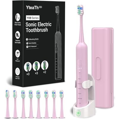 YTEATH PRO Elektrisk sonisk tandborste för vuxna och barn, 5 rengöringslägen med 3 intensitetsnivåer, timer, 8 reservborsthuvuden och resväska, uppladdningsbar Sonic Toothbrush rosa YTEATH PRO Elektrisk sonisk tandborste för vuxna och barn, 5 rengöringslägen med 3 intensitetsnivåer, timer, 8 reservborsthuvuden och resväska, uppladdningsbar Sonic Toothbrush rosa