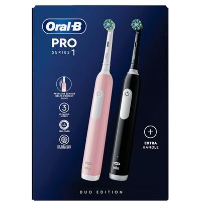 Oral-B Pro Series 1 dubbelpack, rosa och svarta elektriska tandborstar, 2 tandborsthuvuden, designade av Braun Oral-B Pro Series 1 dubbelpack, rosa och svarta elektriska tandborstar, 2 tandborsthuvuden, designade av Braun