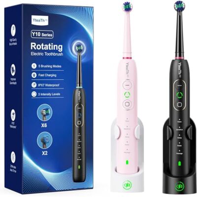 YTEATH PRO Roterande elektrisk tandborste för vuxna set med 2 roterande tandborstar med 3 intensiteter 5 lägen, 10 borsthuvuden, IPX7 vattentät, elektrisk tandborste för resor, svart och rosa YTEATH PRO Roterande elektrisk tandborste för vuxna set med 2 roterande tandborstar med 3 intensiteter 5 lägen, 10 borsthuvuden, IPX7 vattentät, elektrisk tandborste för resor, svart och rosa