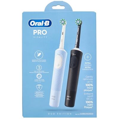 Oral-B Vitality Pro elektrisk tandborste/elektrisk tandborste, dubbelpack, 3 rengöringslägen för tandvård, designad av brun, blå/svart Oral-B Vitality Pro elektrisk tandborste/elektrisk tandborste, dubbelpack, 3 rengöringslägen för tandvård, designad av brun, blå/svart