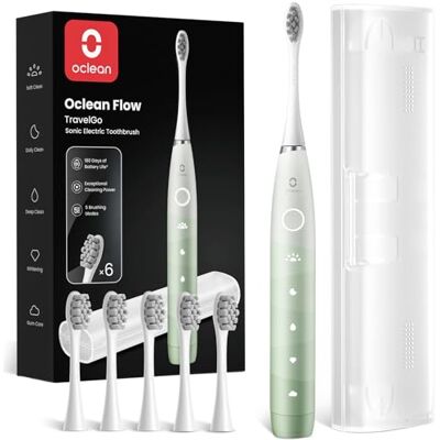 Oclean Flow TravelGo Set Sonic elektrisk tandborste, 180 dagars laddningstid, 5 lägen, IPX7 vattentät, 2 minuters timer, 6 DuPont™ borsthuvuden, resväska, grön Oclean Flow TravelGo Set Sonic elektrisk tandborste, 180 dagars laddningstid, 5 lägen, IPX7 vattentät, 2 minuters timer, 6 DuPont™ borsthuvuden, resväska, grön