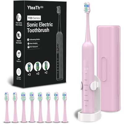 YTEATH PRO Elektrisk sonisk tandborste för vuxna och barn, 5 rengöringslägen med 3 intensitetsnivåer, timer, 8 reservborsthuvuden och resväska, uppladdningsbar Sonic Toothbrush rosa YTEATH PRO Elektrisk sonisk tandborste för vuxna och barn, 5 rengöringslägen med 3 intensitetsnivåer, timer, 8 reservborsthuvuden och resväska, uppladdningsbar Sonic Toothbrush rosa