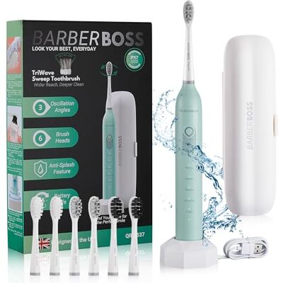BARBERBOSS Elektrisk Tandborste för Vuxna – Oscillation & Vibrationssonisk Teknologi, Inkluderar 6 Borsthuvuden, Smart Timer, Portabel Design med Förvaringsfodral, Modell QR-7537 (Mint) BARBERBOSS Elektrisk Tandborste för Vuxna – Oscillation & Vibrationssonisk Teknologi, Inkluderar 6 Borsthuvuden, Smart Timer, Portabel Design med Förvaringsfodral, Modell QR-7537 (Mint)