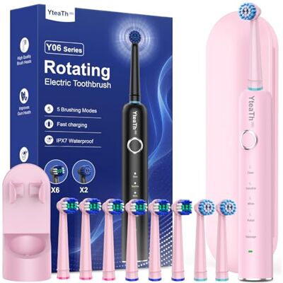 YTEATH PRO Roterande elektrisk tandborste för vuxna roterande tandborstar med 8 borsthuvuden och resefodral, 5 lägen, IPX7 vattentät, elektrisk tandborste, rosa YTEATH PRO Roterande elektrisk tandborste för vuxna roterande tandborstar med 8 borsthuvuden och resefodral, 5 lägen, IPX7 vattentät, elektrisk tandborste, rosa