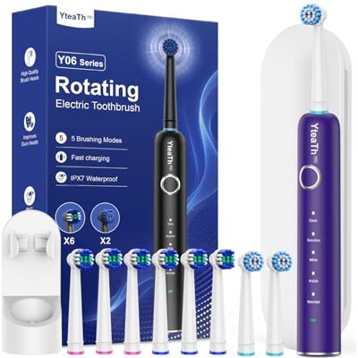 YTEATH PRO Roterande elektrisk tandborste med 8 borsthuvuden (2 typer) för vuxna och barn, 60-dagars batteritid, trådlös väggladdningsstation, 5 lägen Sonic tandborste med resväska (lila) YTEATH PRO Roterande elektrisk tandborste med 8 borsthuvuden (2 typer) för vuxna och barn, 60-dagars batteritid, trådlös väggladdningsstation, 5 lägen Sonic tandborste med resväska (lila)