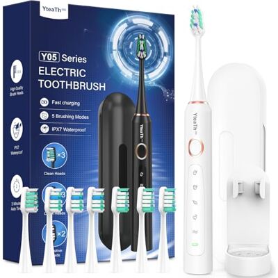 YTEATH PRO Sonic elektrisk tandborste för vuxna elektrisk borste med 8 huvuden och resefodral, 5 lägen, IPX7 vattentät, elektrisk ultraljudstandborste, elfenbensvit YTEATH PRO Sonic elektrisk tandborste för vuxna elektrisk borste med 8 huvuden och resefodral, 5 lägen, IPX7 vattentät, elektrisk ultraljudstandborste, elfenbensvit