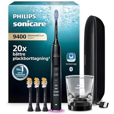 Philips Sonicare DiamondClean Smart 9400 elektrisk tandborste, sonisk tandborste med app, trycksensor, borsthuvudsdetektion, 4 rengöringslägen och 3 intensitetsnivåer, svart, modell HX9918/89 Philips Sonicare DiamondClean Smart 9400 elektrisk tandborste, sonisk tandborste med app, trycksensor, borsthuvudsdetektion, 4 rengöringslägen och 3 intensitetsnivåer, svart, modell HX9918/89