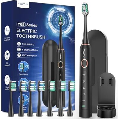 YTEATH PRO Sonic elektrisk tandborste för vuxna elektrisk borste med 8 huvuden och resefodral, 5 lägen, IPX7 vattentät, elektrisk ultraljudstandborste, djup svart YTEATH PRO Sonic elektrisk tandborste för vuxna elektrisk borste med 8 huvuden och resefodral, 5 lägen, IPX7 vattentät, elektrisk ultraljudstandborste, djup svart