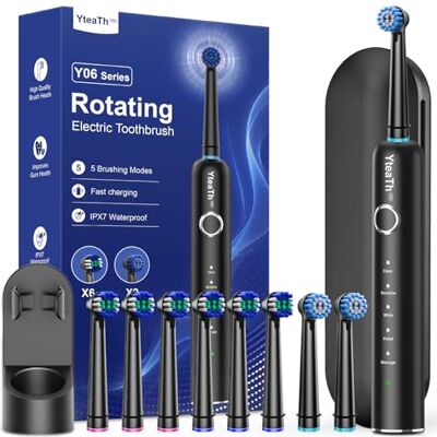 YTEATH PRO Roterande elektrisk tandborste för vuxna roterande tandborstar med 8 borsthuvuden, elektrisk tandborste för resor, matt svart, Cepillo de Dientes YTEATH PRO Roterande elektrisk tandborste för vuxna roterande tandborstar med 8 borsthuvuden, elektrisk tandborste för resor, matt svart, Cepillo de Dientes