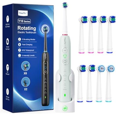 YTEATH PRO Roterande elektrisk tandborste för vuxna och barn, 8 huvuden, 3 intensiteter, 5 lägen, roterande tandborstar med 2 minuters smart timer, grön YTEATH PRO Roterande elektrisk tandborste för vuxna och barn, 8 huvuden, 3 intensiteter, 5 lägen, roterande tandborstar med 2 minuters smart timer, grön