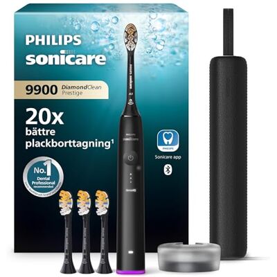 Philips Sonicare DiamondClean 9900 Prestige elektrisk tandborste, med SenseIQ-teknik och app, 5 borstlägen, 3 intensitetsnivåer, laddningsfodral för resor, svart, modell HX9992/43 Philips Sonicare DiamondClean 9900 Prestige elektrisk tandborste, med SenseIQ-teknik och app, 5 borstlägen, 3 intensitetsnivåer, laddningsfodral för resor, svart, modell HX9992/43