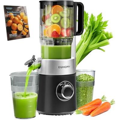 EUHOMY Juicer, slowjuicepress, juicepress för frukt och grönsaker med 135 mm påfyllningsöppning, 1,8 l volym, 2 koppar, elektrisk juicepress, svart silver EUHOMY Juicer, slowjuicepress, juicepress för frukt och grönsaker med 135 mm påfyllningsöppning, 1,8 l volym, 2 koppar, elektrisk juicepress, svart silver