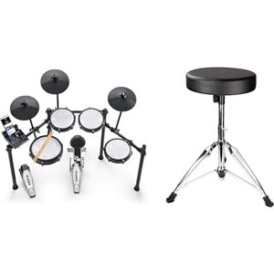 Alesis Nitro Max Kit elektriskt trumset med tysta mesh-pads, 10" dual zone-snarr, Bluetooth, 440+ autentiska ljud, Drumeo, USB MIDI, kickpedal & Rockjam DP-001 Trumpall, Svart, En Storlek