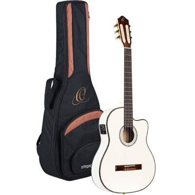 Ortega Guitars RCE145WH Family Series Pro nylon 6-strängad gitarr med grantopp, mahogny kropp och pickup Ortega Guitars RCE145WH Family Series Pro nylon 6-strängad gitarr med grantopp, mahogny kropp och pickup
