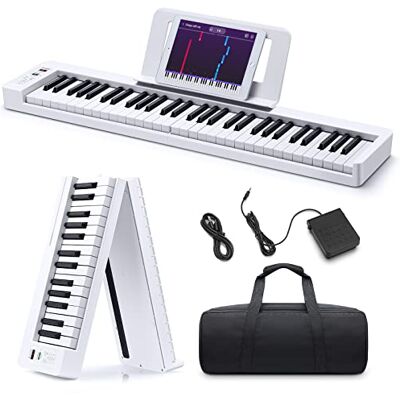 Donner Fällbart pianotangentbord, 61 tangenter känsligt elektriskt piano, bärbart digitalt piano, vikbart tangentbord med musikstöd, pianoväska, pianotedal, pianoapp, DP-06 vit Donner Fällbart pianotangentbord, 61 tangenter känsligt elektriskt piano, bärbart digitalt piano, vikbart tangentbord med musikstöd, pianoväska, pianotedal, pianoapp, DP-06 vit
