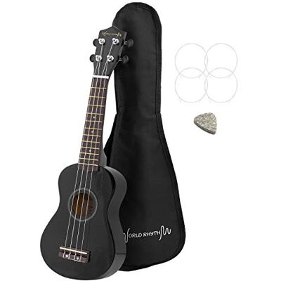 World Rhythm Soprano ukulele – premium nybörjare sopranouk i svart finish med spelväska, reserv-ukulele strängar och filtplocka – Utrustad med Aquila strängar World Rhythm Soprano ukulele – premium nybörjare sopranouk i svart finish med spelväska, reserv-ukulele strängar och filtplocka – Utrustad med Aquila strängar