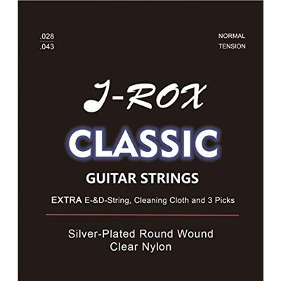J-ROX Gitarrsträngar konsertgitarr – premium nylonsträngar för klassisk gitarr, konsertgitarr, akustisk gitarr + extra e-sträng + extra D-sträng + rengöringsduk + 3 plektrum J-ROX Gitarrsträngar konsertgitarr – premium nylonsträngar för klassisk gitarr, konsertgitarr, akustisk gitarr + extra e-sträng + extra D-sträng + rengöringsduk + 3 plektrum