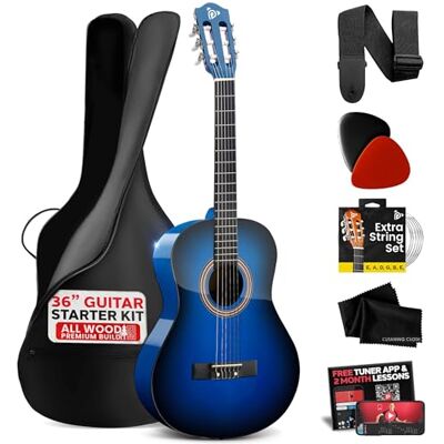 Pyle Nybörjare 36 tum klassisk akustisk gitarr – 3/4 juniorstorlek 6 sträng lindträ gitarr med spelväska, tuner, nylonsträngar, plektrum, rem, för nybörjare, vuxna PGACLS82BLU (Blue Burst) blå Pyle Nybörjare 36 tum klassisk akustisk gitarr – 3/4 juniorstorlek 6 sträng lindträ gitarr med spelväska, tuner, nylonsträngar, plektrum, rem, för nybörjare, vuxna PGACLS82BLU (Blue Burst) blå