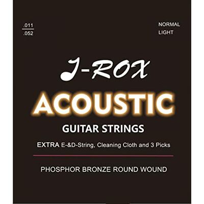 J-ROX Gitarrsträngar västerländsk gitarr – premium fosfor brons strängar för västerländsk gitarr, akustisk gitarr + extra e-sträng + extra D-sträng + rengöringsduk + 3 plektrum – gitarrsträngar J-ROX Gitarrsträngar västerländsk gitarr – premium fosfor brons strängar för västerländsk gitarr, akustisk gitarr + extra e-sträng + extra D-sträng + rengöringsduk + 3 plektrum – gitarrsträngar
