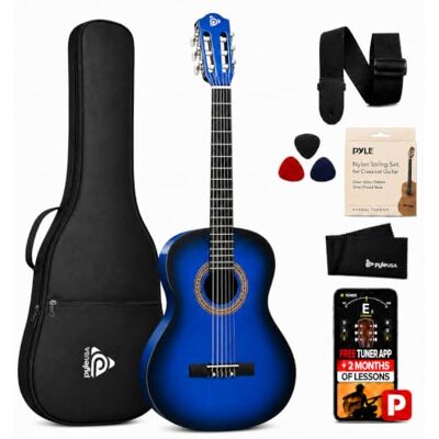 Pyle Nybörjare 36 tum klassisk akustisk gitarr – 3/4 juniorstorlek 6 sträng lindträ gitarr med spelväska, tuner, nylonsträngar, plektrum, rem, för nybörjare, vuxna PGACLS82BLU (Blue Burst) blå Pyle Nybörjare 36 tum klassisk akustisk gitarr – 3/4 juniorstorlek 6 sträng lindträ gitarr med spelväska, tuner, nylonsträngar, plektrum, rem, för nybörjare, vuxna PGACLS82BLU (Blue Burst) blå