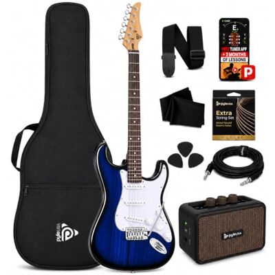 Pyle E-Gitarr Set i Fullstorlek med 5W Förstärkare, Gigbag, Plektrum, Ersättningssträngar och Rem, ST-Stil Nybörjargitarrpaket med 22 Band, Paulownia Träkropp, Blå Pyle E-Gitarr Set i Fullstorlek med 5W Förstärkare, Gigbag, Plektrum, Ersättningssträngar och Rem, ST-Stil Nybörjargitarrpaket med 22 Band, Paulownia Träkropp, Blå