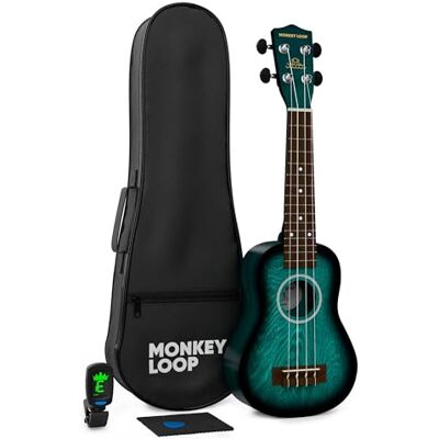 MONKEY LOOP Jungle Pack Blue – Sopran-ukulele, Aquila rep, inklusive fodral för ukuleles, stämmare, plektrum och mocka, lindträ, blå färg MONKEY LOOP Jungle Pack Blue – Sopran-ukulele, Aquila rep, inklusive fodral för ukuleles, stämmare, plektrum och mocka, lindträ, blå färg