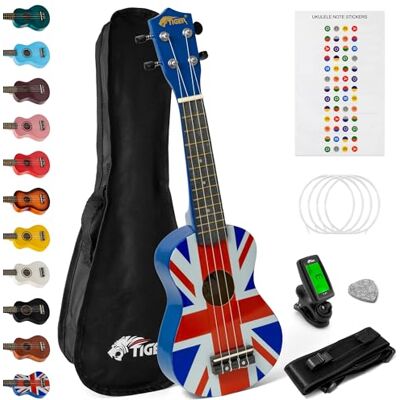 Tiger UKEKIT-UK Sopran Ukulele Kit – lämplig för nybörjare och barn – kromatisk tuner, rem, bärväska, anteckningsklistermärke, filtplockning, reservsträngar, med Aquila strängar monterade – Union Jack Tiger UKEKIT-UK Sopran Ukulele Kit – lämplig för nybörjare och barn – kromatisk tuner, rem, bärväska, anteckningsklistermärke, filtplockning, reservsträngar, med Aquila strängar monterade – Union Jack