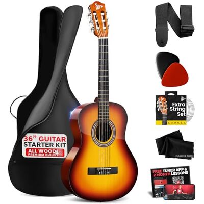 Pyle Nybörjare Akustisk Gitarr Set, 3/4 Juniorstorlek Helträ-Instrument för Barn, Vuxna, 36" Briljant Blank Pyle Nybörjare Akustisk Gitarr Set, 3/4 Juniorstorlek Helträ-Instrument för Barn, Vuxna, 36" Briljant Blank