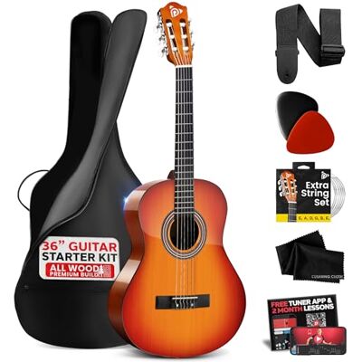 Pyle Beginner 36” Klassisk Akustisk Gitarr Handgjord 3/4 Juniorstorlek 6-strängad Lindträ-Gitarr med Gigbag, Digital Stämmapparat, Nylonsnören, Plektrum, Rem (Cherry Sunburst) Pyle Beginner 36” Klassisk Akustisk Gitarr Handgjord 3/4 Juniorstorlek 6-strängad Lindträ-Gitarr med Gigbag, Digital Stämmapparat, Nylonsnören, Plektrum, Rem (Cherry Sunburst)