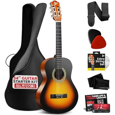 Pyle Nybörjare Akustisk Gitarr Set, 1/2 Juniorstorlek Helträ-Instrument för Barn, Vuxna, 34" Sunburst Teardrop Matt Pyle Nybörjare Akustisk Gitarr Set, 1/2 Juniorstorlek Helträ-Instrument för Barn, Vuxna, 34" Sunburst Teardrop Matt