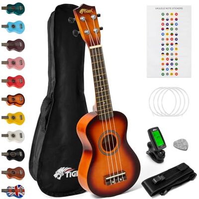 Tiger UKE7 sopran ukulele set för nybörjare inklusive T-47 kromatisk stämningsanordning, rem, gigbag, filtplektrum, reservsträngar, perfekt skolpaket – Sunburst Tiger UKE7 sopran ukulele set för nybörjare inklusive T-47 kromatisk stämningsanordning, rem, gigbag, filtplektrum, reservsträngar, perfekt skolpaket – Sunburst