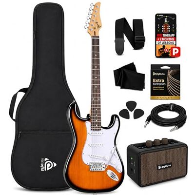 Pyle E-Gitarr Set i Fullstorlek med 5W Förstärkare, Gigbag, Plektrum, Ersättningssträngar och Rem, ST-Stil Nybörjargitarrpaket med 22 Band, Paulownia Träkropp, Natural Burst Pyle E-Gitarr Set i Fullstorlek med 5W Förstärkare, Gigbag, Plektrum, Ersättningssträngar och Rem, ST-Stil Nybörjargitarrpaket med 22 Band, Paulownia Träkropp, Natural Burst