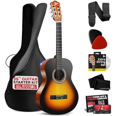 Pyle Nybörjare Akustisk Gitarr Set, 3/4 Juniorstorlek Helträ-Instrument för Barn, Vuxna, 36" Sunburst Teardrop Matt Pyle Nybörjare Akustisk Gitarr Set, 3/4 Juniorstorlek Helträ-Instrument för Barn, Vuxna, 36" Sunburst Teardrop Matt