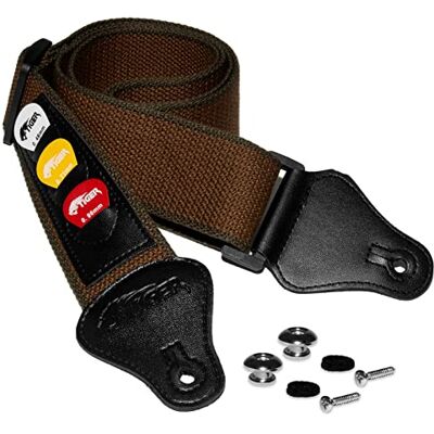 Tiger STP5-BR-PACK Gitarrrem med plektrumhållare, plektrum och remknapp för klassiska, akustiska, elektriska och basgitarrer – brun Tiger STP5-BR-PACK Gitarrrem med plektrumhållare, plektrum och remknapp för klassiska, akustiska, elektriska och basgitarrer – brun