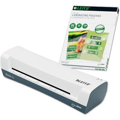 Leitz Set iLAM Home A4 lamineringsmaskin + varmlamineringsfilmer A4 80 mic i 100-pack, laminator för 75 till 125 mic lamineringsfolier, 3 minuter. Uppvärmningstid, vit, perfekt för hemmakontor och Leitz Set iLAM Home A4 lamineringsmaskin + varmlamineringsfilmer A4 80 mic i 100-pack, laminator för 75 till 125 mic lamineringsfolier, 3 minuter. Uppvärmningstid, vit, perfekt för hemmakontor och
