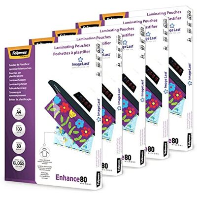 Fellowes Lamineringsfolier A4, glänsande, lamineringsfolie med 80 mic per sida, med ImageLast-orienteringshjälp, för varm laminering, sparpack med 500 högkvalitativa lamineringsfilmer (5 pack med 100 Fellowes Lamineringsfolier A4, glänsande, lamineringsfolie med 80 mic per sida, med ImageLast-orienteringshjälp, för varm laminering, sparpack med 500 högkvalitativa lamineringsfilmer (5 pack med 100