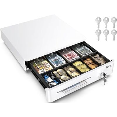 Tera Kassaapparat för mynt och sedlar för manuell och automatisk öppning, 4 sedelfack och 8 mynt, RJ-12-anslutning, 33 x 35,6 cm, POS restaurang stormarknad, 330R-WH Tera Kassaapparat för mynt och sedlar för manuell och automatisk öppning, 4 sedelfack och 8 mynt, RJ-12-anslutning, 33 x 35,6 cm, POS restaurang stormarknad, 330R-WH