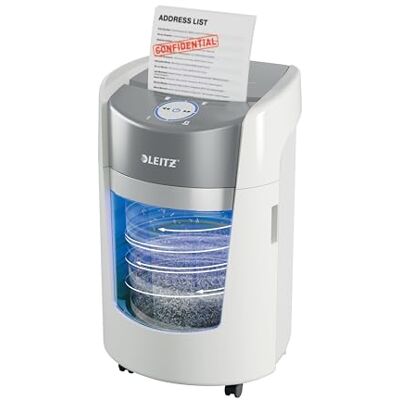 Leitz IQ OptiMax Small Office 350 P5 dokumentförstörare med mikroskärning, roterande avfallsbehållare, 33 % mer kapacitet, rymmer 350 A4 (22 L), makulerar 8–10 ark (70–80 g/m²), 20 min driftstid Leitz IQ OptiMax Small Office 350 P5 dokumentförstörare med mikroskärning, roterande avfallsbehållare, 33 % mer kapacitet, rymmer 350 A4 (22 L), makulerar 8–10 ark (70–80 g/m²), 20 min driftstid