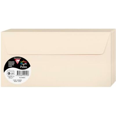 Clairefontaine – Ref 5445C – Pollen, självhäftande kuvert (paket med 20) – DL-storlek, 120 gsm papper, skrivarkompatibel, syrafri, självhäftande remsa för enkel tätning – kräm-förpackning med 20 Clairefontaine – Ref 5445C – Pollen, självhäftande kuvert (paket med 20) – DL-storlek, 120 gsm papper, skrivarkompatibel, syrafri, självhäftande remsa för enkel tätning – kräm-förpackning med 20