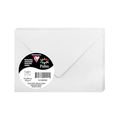 Clairefontaine – Ref 54030C – Pollen, skimrande kuvert (paket med 20) – 75 x 100 mm i storlek, 120 gsm papper, lämplig för användning med bläckstråleskrivare eller laserskrivare – vit Clairefontaine – Ref 54030C – Pollen, skimrande kuvert (paket med 20) – 75 x 100 mm i storlek, 120 gsm papper, lämplig för användning med bläckstråleskrivare eller laserskrivare – vit