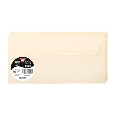 Clairefontaine – Ref 5445C – Pollen, självhäftande kuvert (paket med 20) – DL-storlek, 120 gsm papper, skrivarkompatibel, syrafri, självhäftande remsa för enkel tätning – kräm-förpackning med 20 Clairefontaine – Ref 5445C – Pollen, självhäftande kuvert (paket med 20) – DL-storlek, 120 gsm papper, skrivarkompatibel, syrafri, självhäftande remsa för enkel tätning – kräm-förpackning med 20