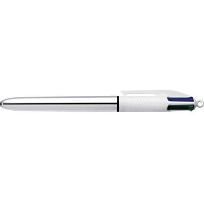 BIC 4-färgstryckkulspetspenna 4 Colours Shine – silverkulspetspenna dokumentäkta med rött, blått, svart och grönt stift – låda med 12 stycken BIC 4-färgstryckkulspetspenna 4 Colours Shine – silverkulspetspenna dokumentäkta med rött, blått, svart och grönt stift – låda med 12 stycken