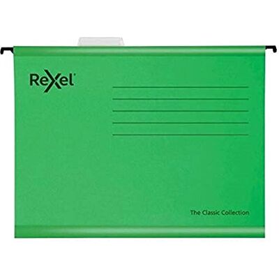 Rexel Klassiska Foolscap förstärkta upphängningsfiler för arkivskåp, 15 mm V-bas, 100 procent återvunnet kort, grön, förpackning med 25, 2115591 Rexel Klassiska Foolscap förstärkta upphängningsfiler för arkivskåp, 15 mm V-bas, 100 procent återvunnet kort, grön, förpackning med 25, 2115591