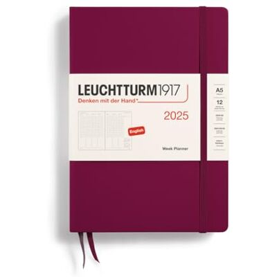 LEUCHTTURM1917 370795 veckoplanerare 2025, medium A5 inbunden – 12 månaders kalender, linjerad – port red, engelsk LEUCHTTURM1917 370795 veckoplanerare 2025, medium A5 inbunden – 12 månaders kalender, linjerad – port red, engelsk