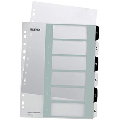 Leitz Index för A4+, paket med 20, PC-skrivbart omslagsark och 6 avdelare, flikar med nummertryck 1-6, extra bredd, vit/svart, polypropylen, WOW, 1214000 Leitz Index för A4+, paket med 20, PC-skrivbart omslagsark och 6 avdelare, flikar med nummertryck 1-6, extra bredd, vit/svart, polypropylen, WOW, 1214000