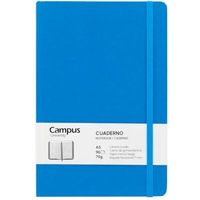 Campus A5-anteckningsbok, Bullet Journal med horisontell linjerad 7 mm, inbunden anteckningsbok med 96 ark på 75 g, elastisk stängning, ficka och bokmärken. (A5, horisontell linjerad, blå) Campus A5-anteckningsbok, Bullet Journal med horisontell linjerad 7 mm, inbunden anteckningsbok med 96 ark på 75 g, elastisk stängning, ficka och bokmärken. (A5, horisontell linjerad, blå)