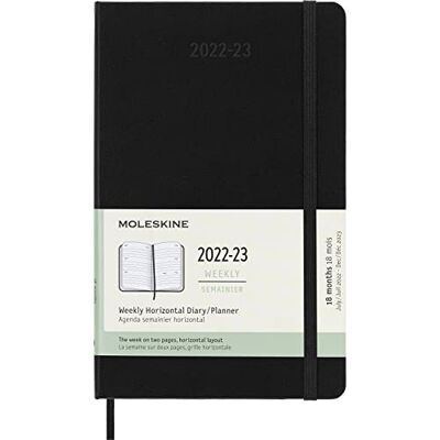 Moleskine Klassisk 18 månader 2022-2023 veckoplanerare, hårt fodral, stor (5" x 8,2"). Svart Moleskine Klassisk 18 månader 2022-2023 veckoplanerare, hårt fodral, stor (5" x 8,2"). Svart